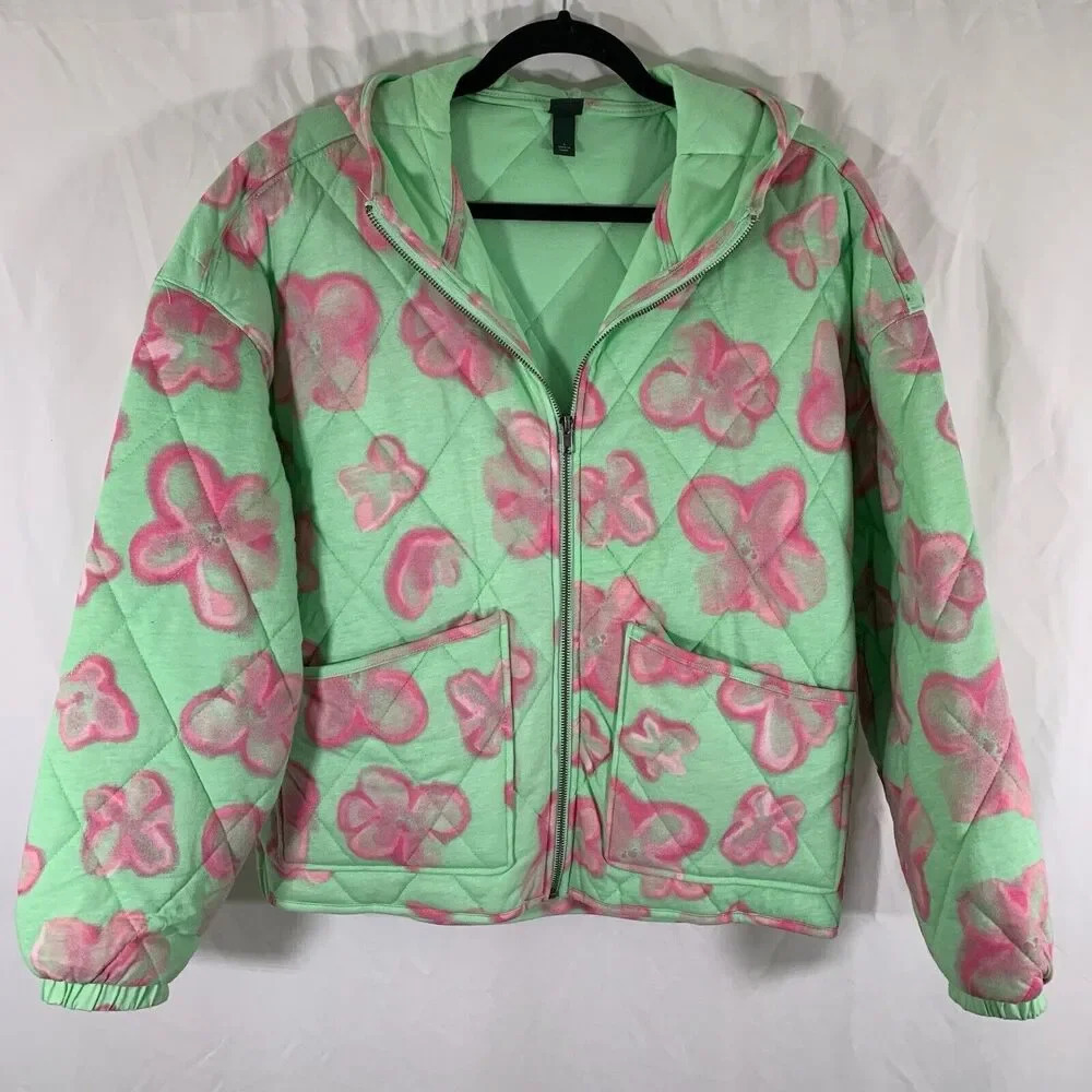 Wild Fable Jacket Women's Small Green Floral Quilted Full Zip Hooded Pockets